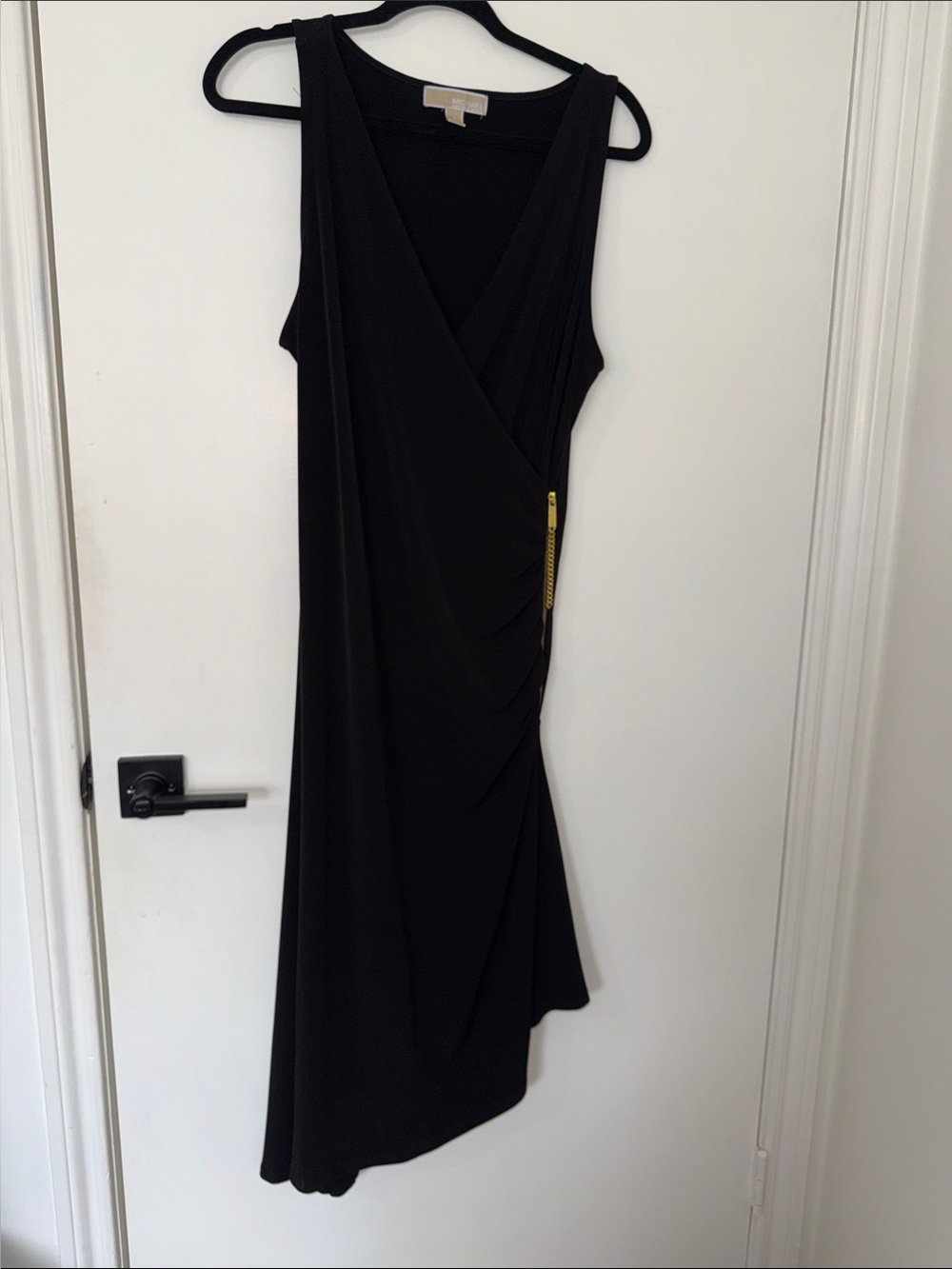Michael Kors Black Midi Wrap Dress with Gold Chain Zip